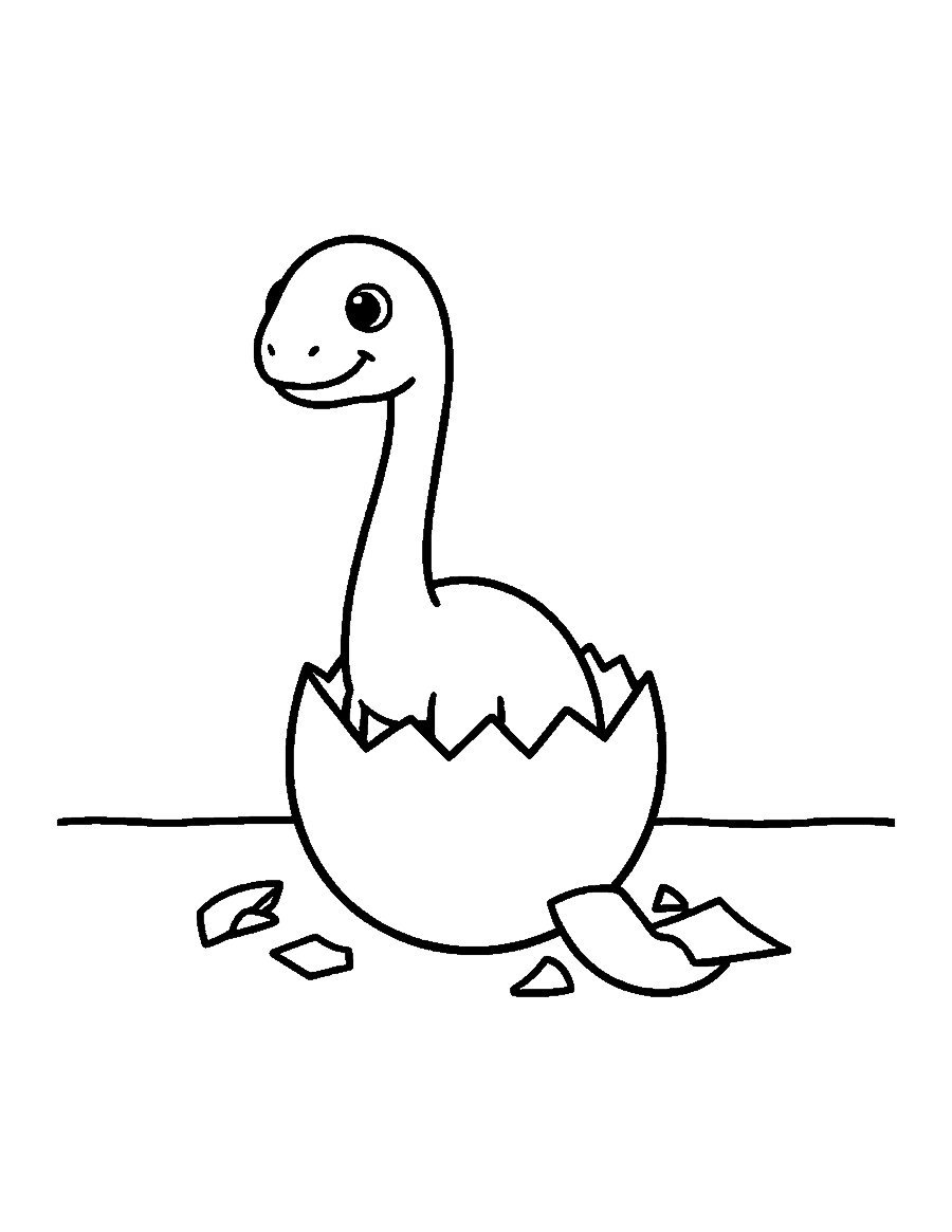 Line drawing of a baby long-necked dinosaur peeking out of a cracked egg