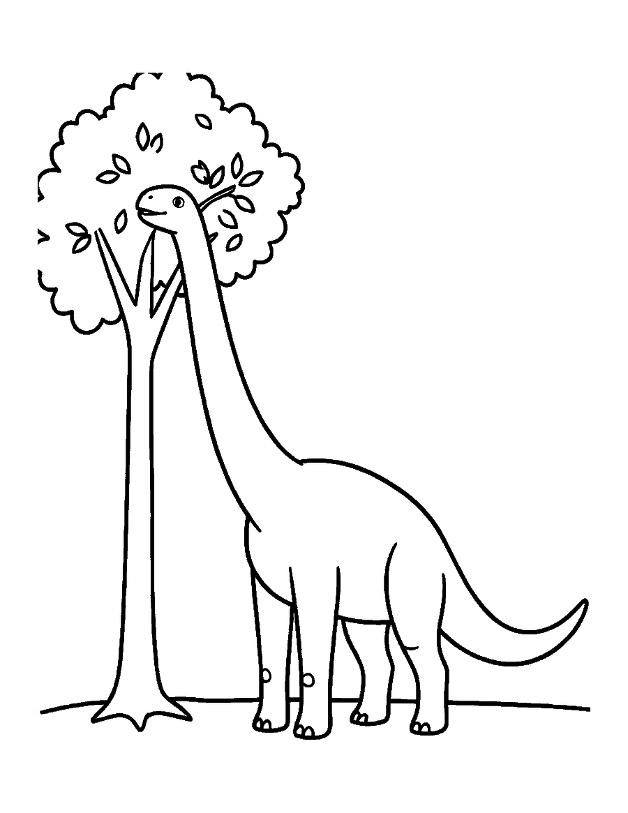 Line drawing of a Brachiosaurus stretching its long neck to eat leaves from a tall tree