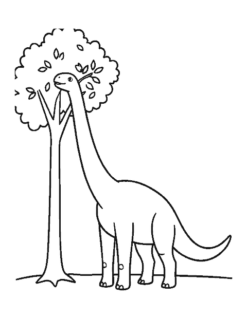 Line drawing of a Brachiosaurus stretching its long neck to eat leaves from a tall tree