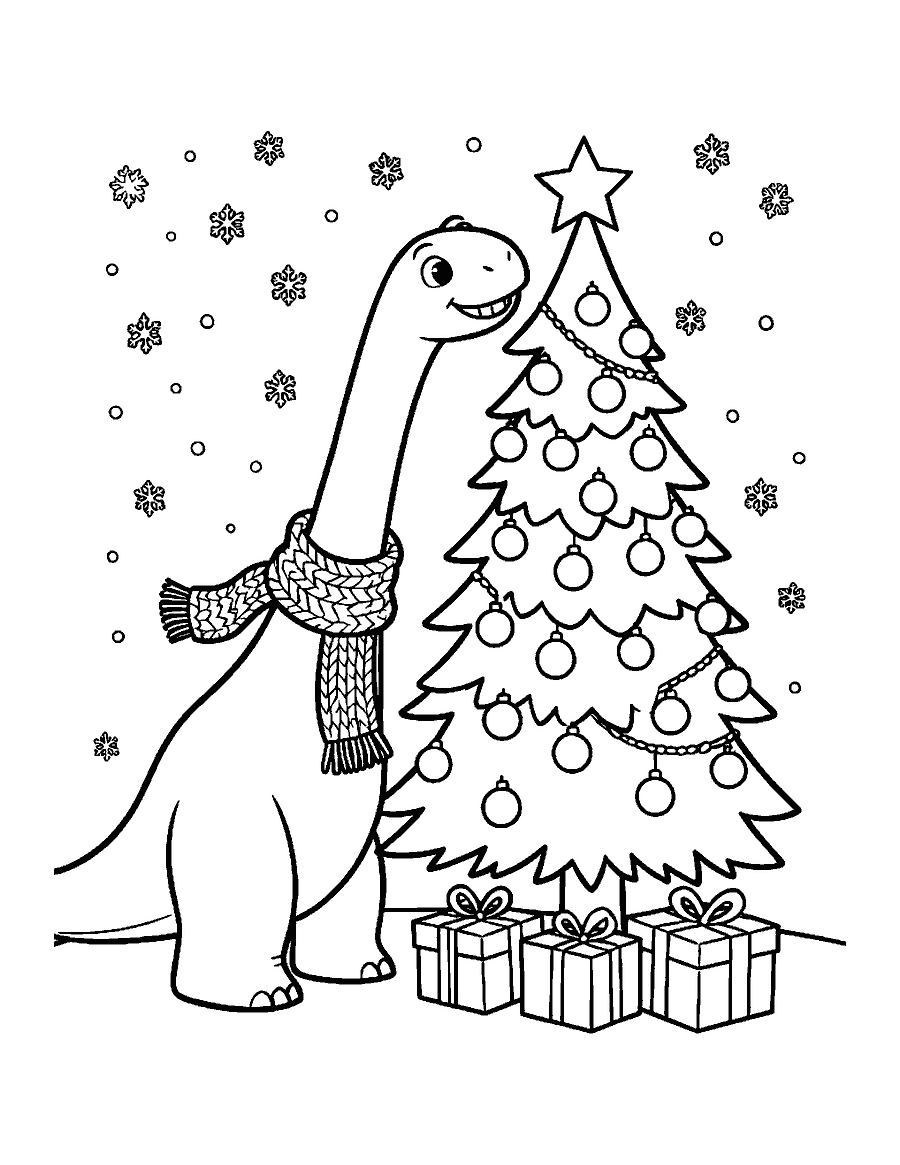 Line drawing of a Brachiosaurus placing a star on top of a tall Christmas tree with presents below