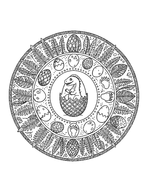Line drawing of a mandala of dinosaur eggs, ferns and footprints around a hatching baby dinosaur