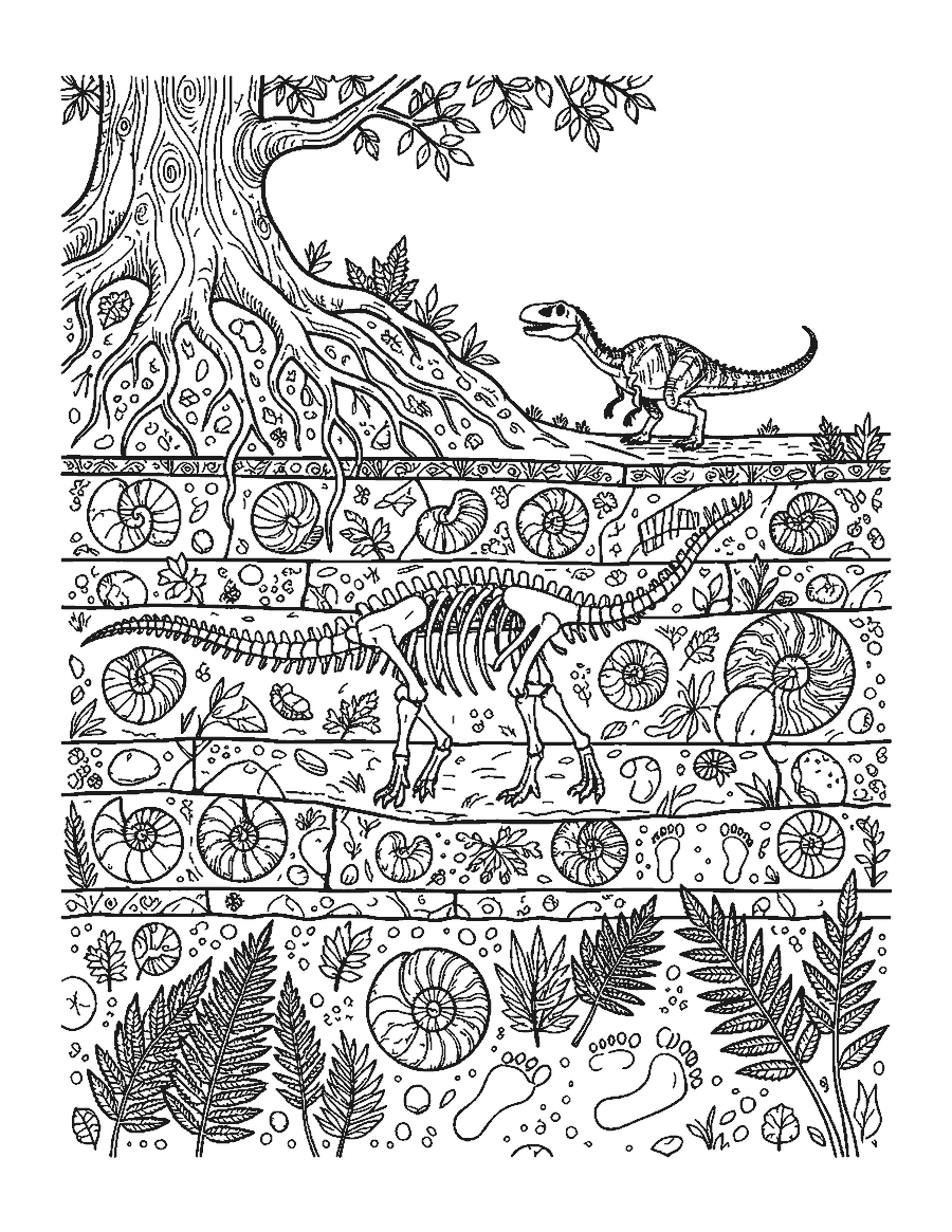 Line drawing of a cut-away hillside showing a dinosaur skeleton, ammonites and fossil ferns in rock layers