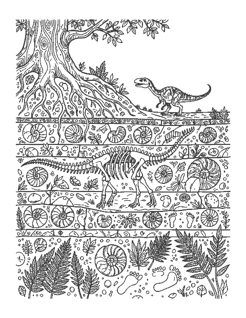 Line drawing of a cut-away hillside showing a dinosaur skeleton, ammonites and fossil ferns in rock layers