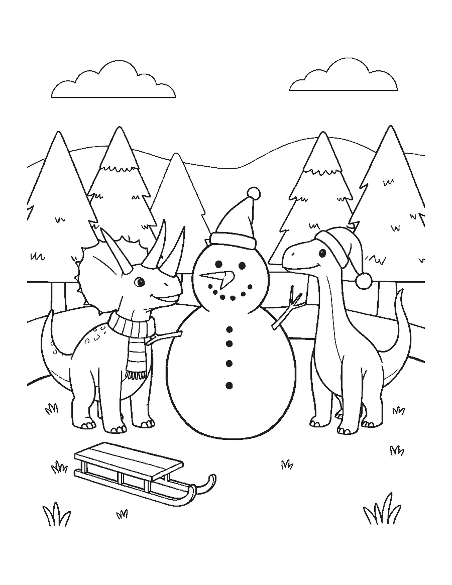 Line drawing of a Triceratops and a Parasaurolophus in winter hats beside a snowman in a snowy meadow