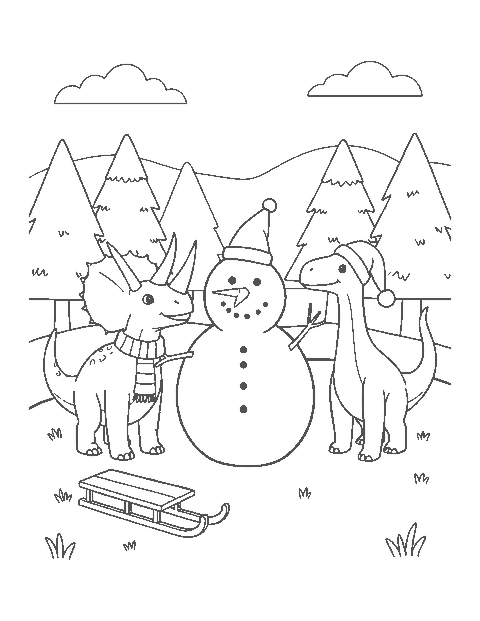 Line drawing of a Triceratops and a Parasaurolophus in winter hats beside a snowman in a snowy meadow