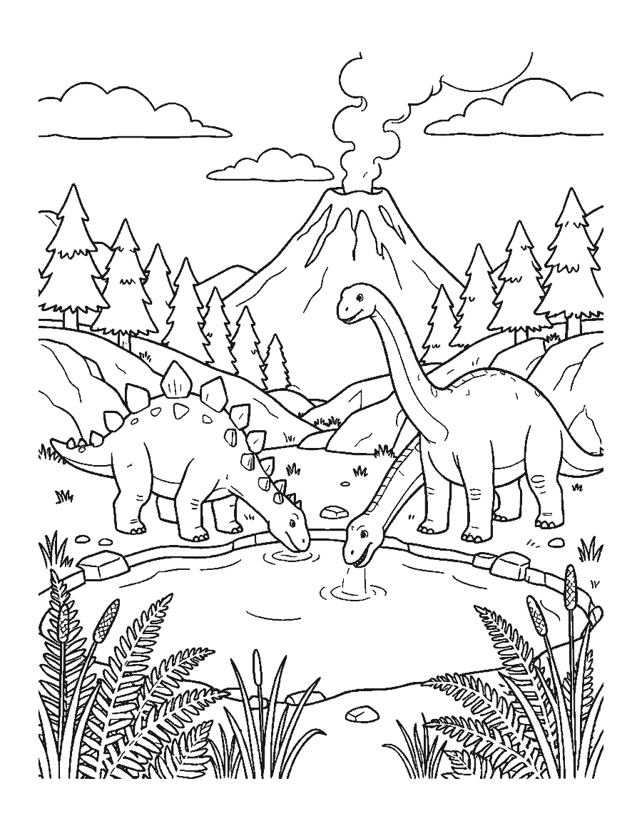 Line drawing of a Stegosaurus, Diplodocus and Brachiosaurus drinking at a watering hole near a volcano