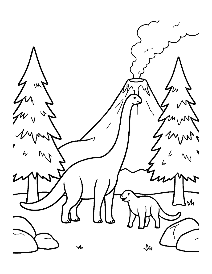 Line drawing of a Diplodocus mother and baby walking past conifer trees with a volcano behind them