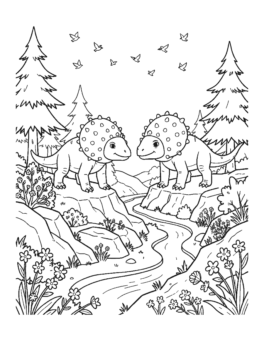 Line drawing of two dome-headed Pachycephalosaurus on a rocky ridge above a river valley