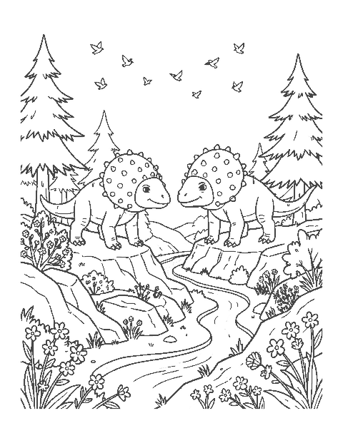 Line drawing of two dome-headed Pachycephalosaurus on a rocky ridge above a river valley