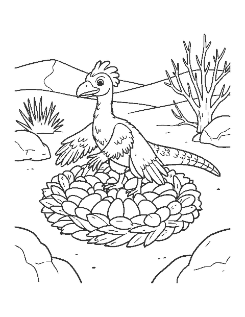 Line drawing of a feathered Oviraptor dinosaur sitting on a ring of eggs in its sandy nest