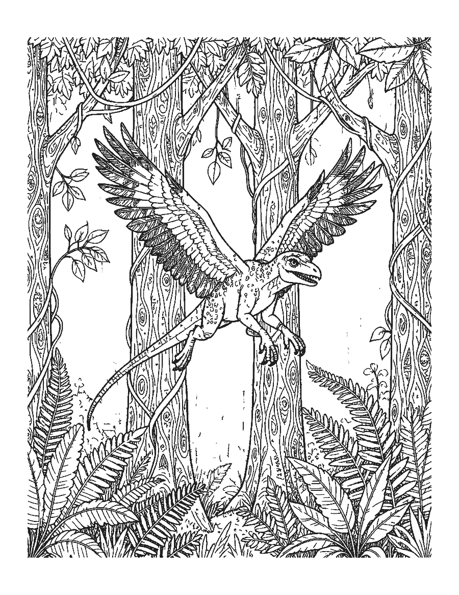 Line drawing of a four-winged Microraptor dinosaur gliding between tall trees with vines and ferns