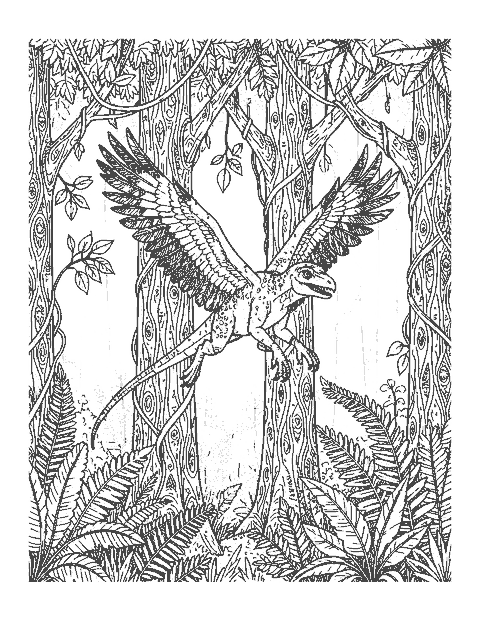 Line drawing of a four-winged Microraptor dinosaur gliding between tall trees with vines and ferns