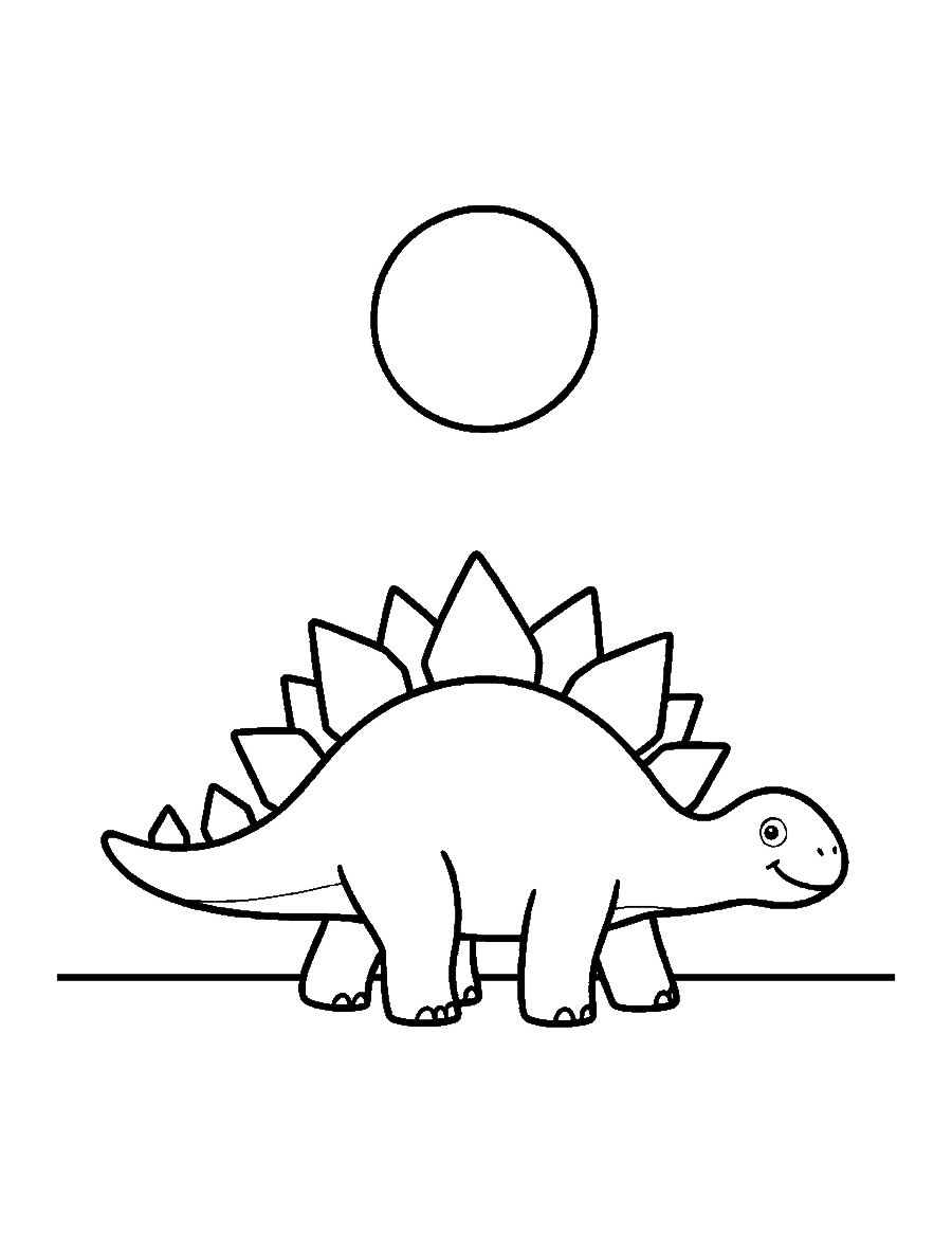 Line drawing of a smiling Stegosaurus with back plates and tail spikes walking under the sun