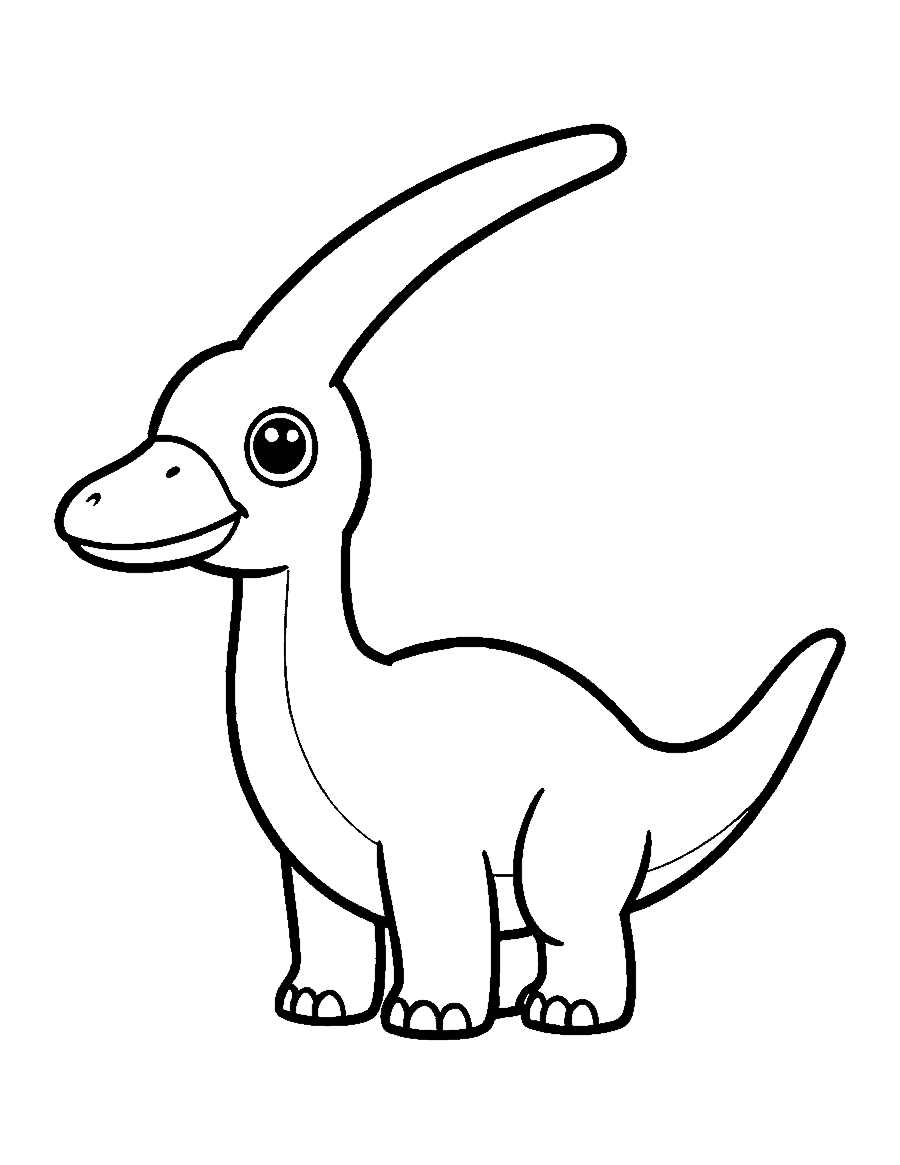 Line drawing of a cute chibi Parasaurolophus with a long curved head crest