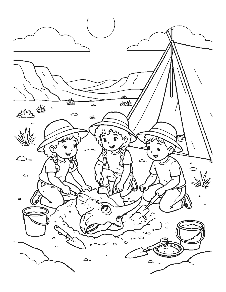 Line drawing of three children brushing dirt off a Triceratops skull at a desert fossil dig