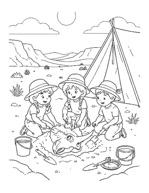 Line drawing of three children brushing dirt off a Triceratops skull at a desert fossil dig