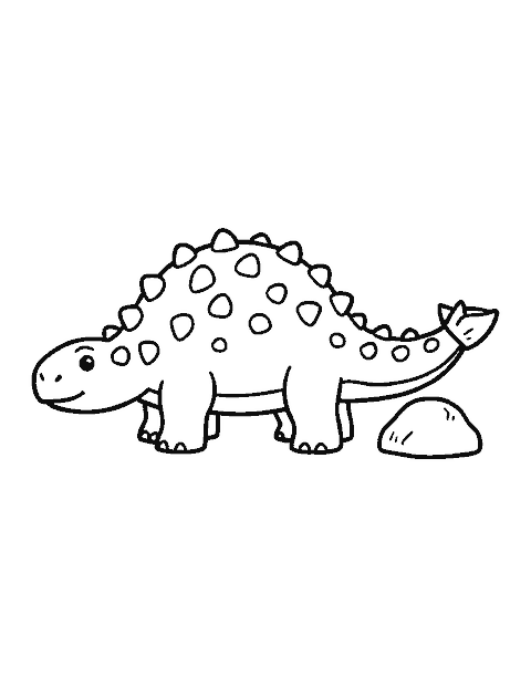 Line drawing of a little armored Ankylosaurus with a bony tail club standing next to a rock