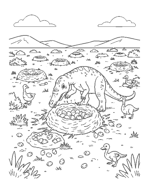 Line drawing of a Maiasaura mother watching over hatchlings in mud nests on an open plain