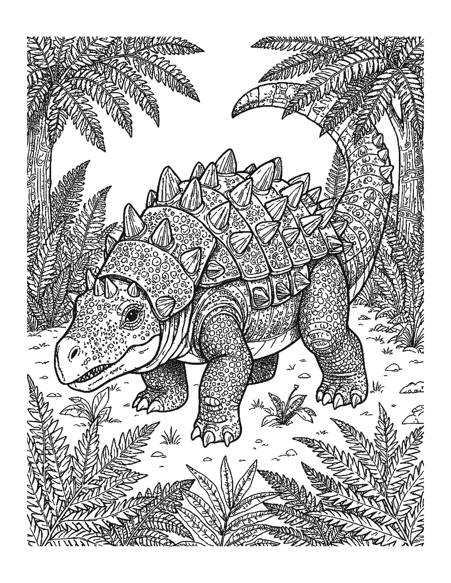 Line drawing of a realistic armored Ankylosaurus with a heavy tail club standing among ferns
