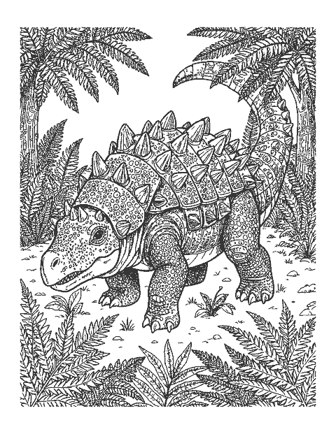 Line drawing of a realistic armored Ankylosaurus with a heavy tail club standing among ferns
