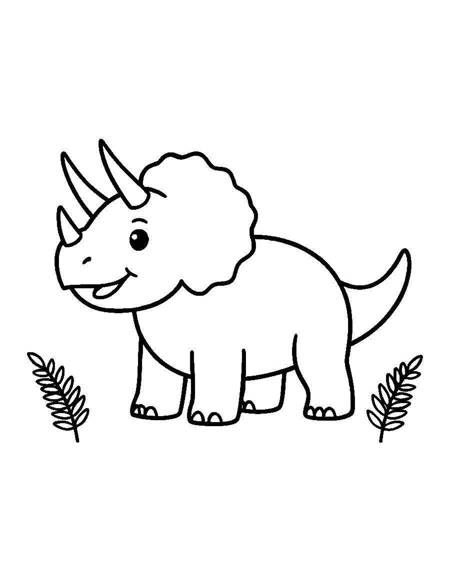 Line drawing of a smiling baby Triceratops with three horns standing beside two small ferns