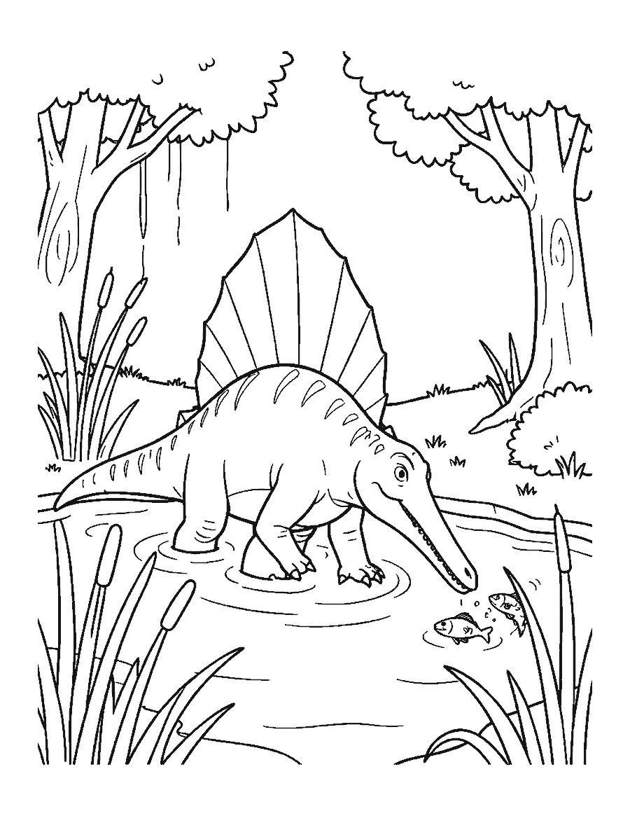 Line drawing of a sail-backed Spinosaurus wading through a river toward a jumping fish