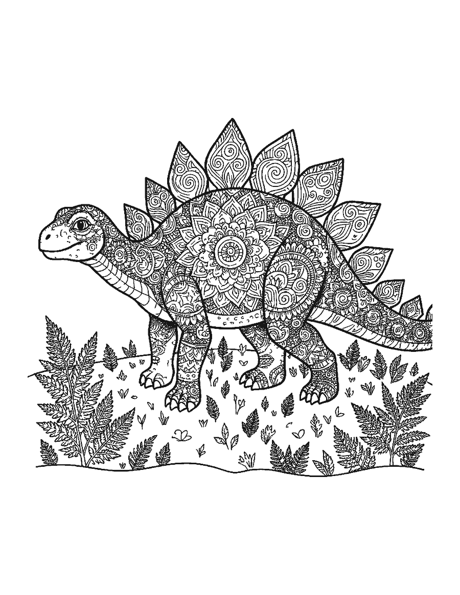 Line drawing of a Stegosaurus with its body and back plates filled with detailed mandala patterns