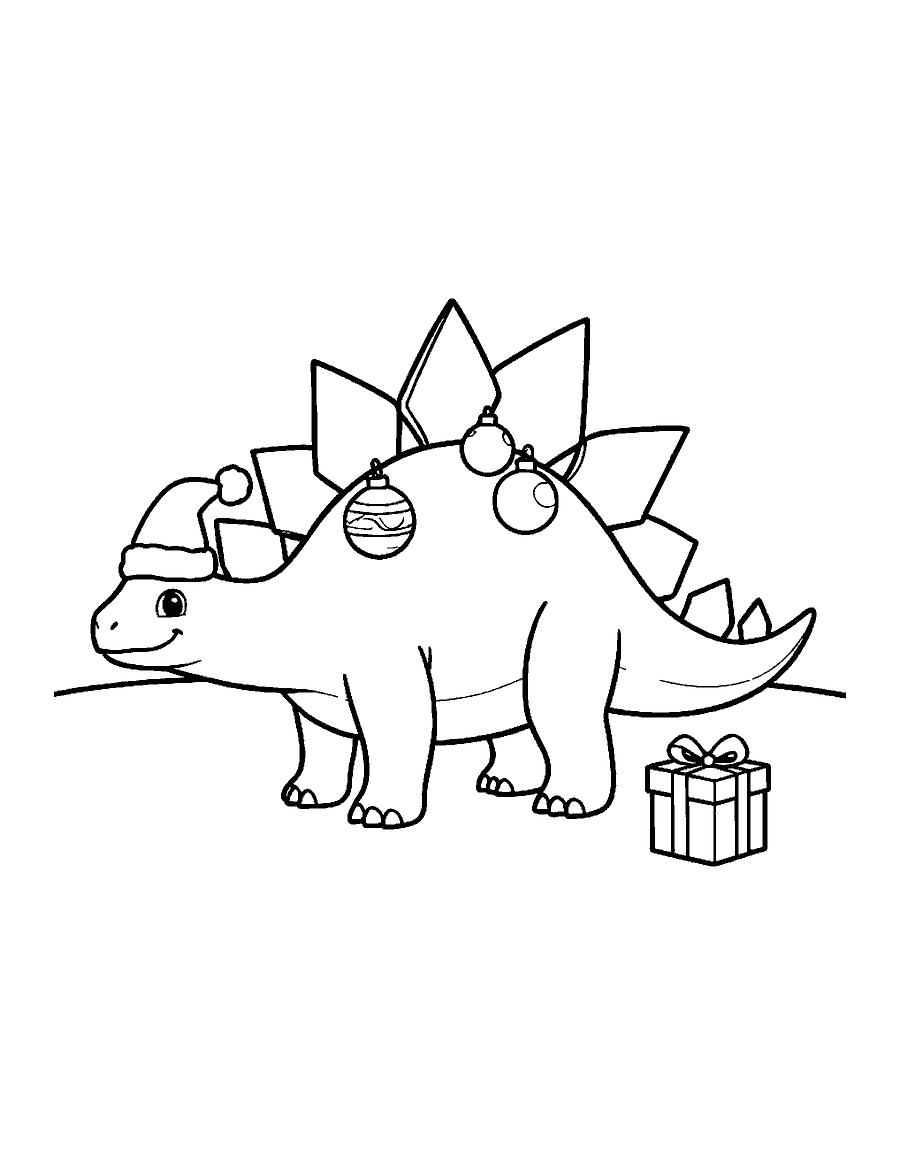 Line drawing of a Stegosaurus in a Santa hat with ornaments on its back plates beside a present in the snow