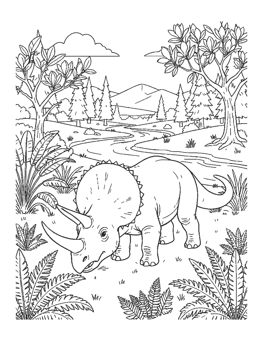 Line drawing of a realistic Triceratops grazing by a river with cycads, magnolia trees and hills