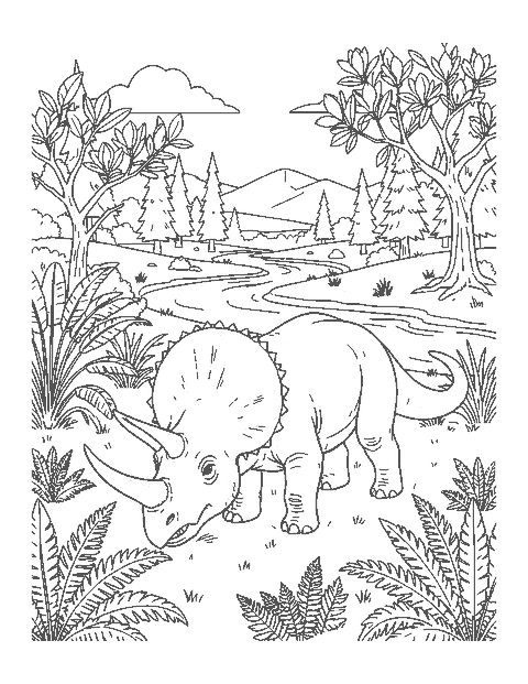 Line drawing of a realistic Triceratops grazing by a river with cycads, magnolia trees and hills