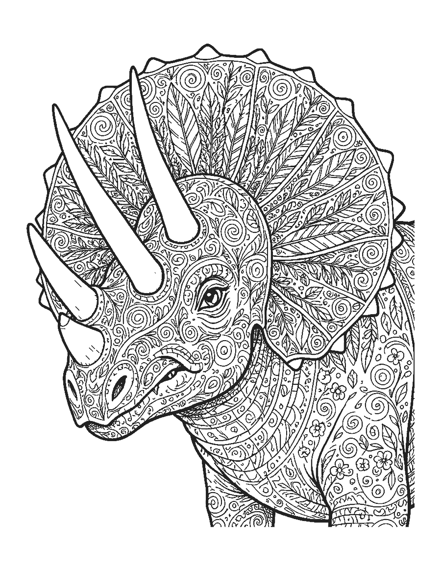 Line drawing of a Triceratops head with its wide neck frill filled with doodle patterns
