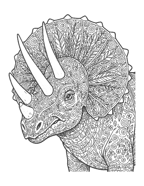 Line drawing of a Triceratops head with its wide neck frill filled with doodle patterns
