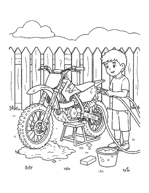 Line drawing of a child washing a muddy dirt bike with a garden hose