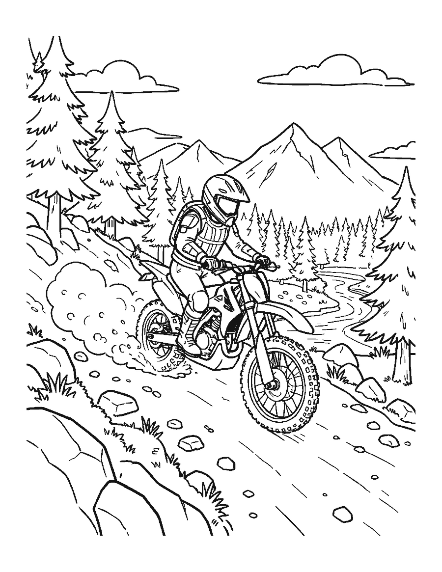 Line drawing of a rider steering a dirt bike up a steep rocky hillside trail
