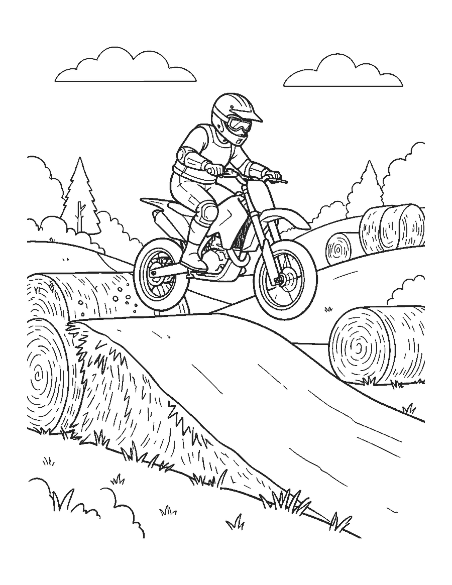 Line drawing of a dirt bike soaring over a jump on an empty dirt track