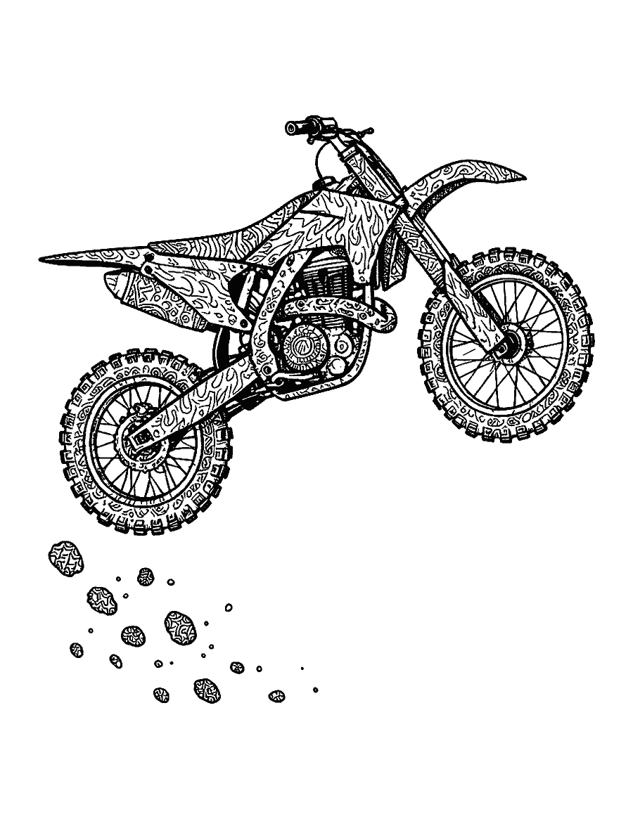 Line drawing of a dirt bike in mid-air filled with doodle patterns of flames and zigzags