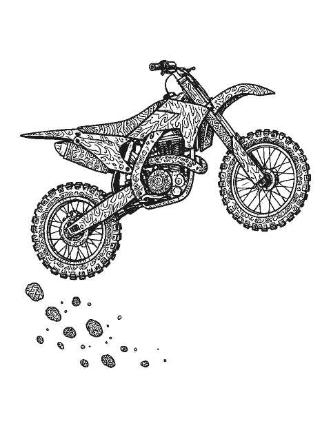 Line drawing of a dirt bike in mid-air filled with doodle patterns of flames and zigzags