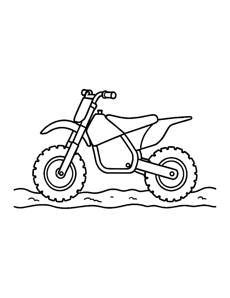 Line drawing of a small kids' dirt bike with knobby tires parked on a dirt trail