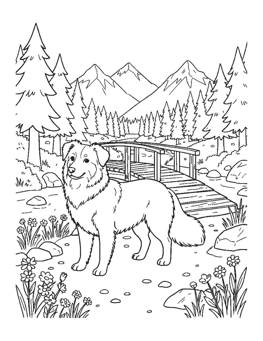 Line drawing of an Australian shepherd on a rocky mountain trail with pines, a footbridge and peaks