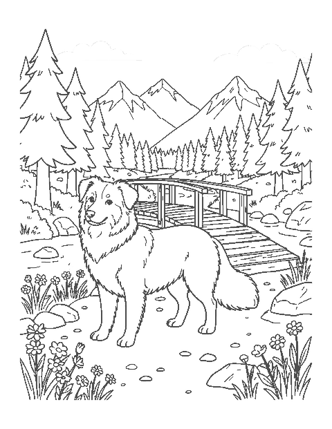 Line drawing of an Australian shepherd on a rocky mountain trail with pines, a footbridge and peaks