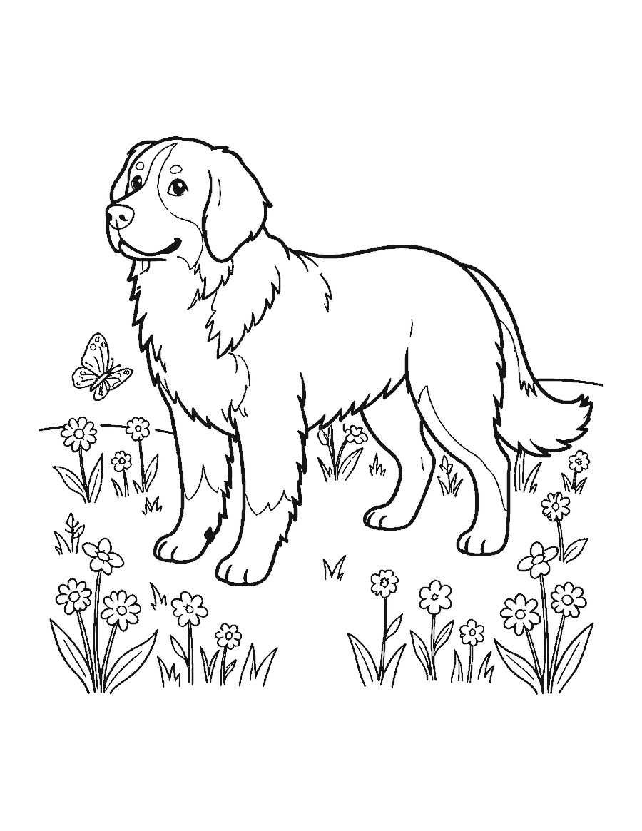 Line drawing of a Bernese mountain dog sitting in a flower meadow by a wooden fence