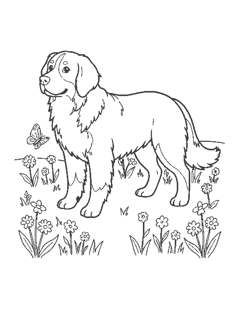 Line drawing of a Bernese mountain dog sitting in a flower meadow by a wooden fence