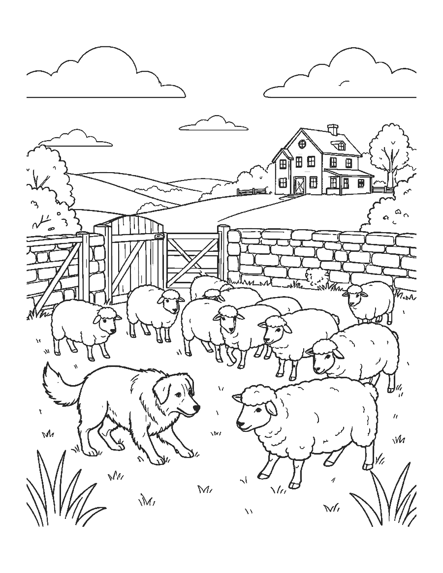 Line drawing of a border collie guiding a flock of sheep toward a gate on a rolling hillside
