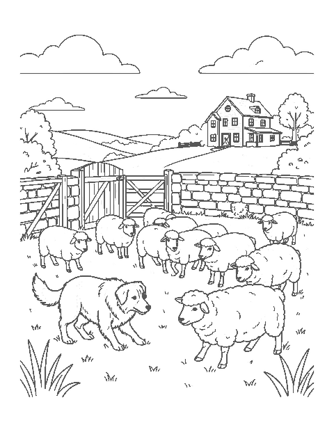 Line drawing of a border collie guiding a flock of sheep toward a gate on a rolling hillside