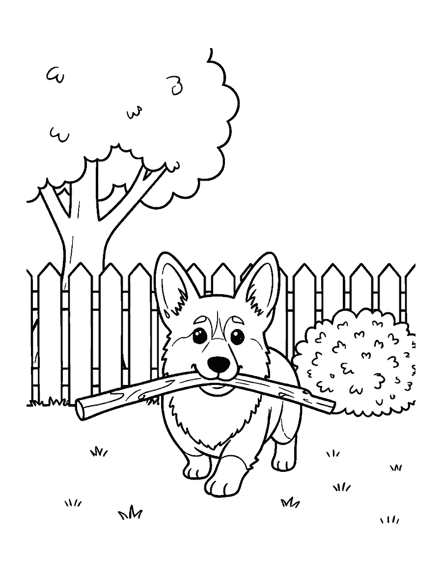 Line drawing of a corgi carrying a stick across a backyard with a picket fence and a tree