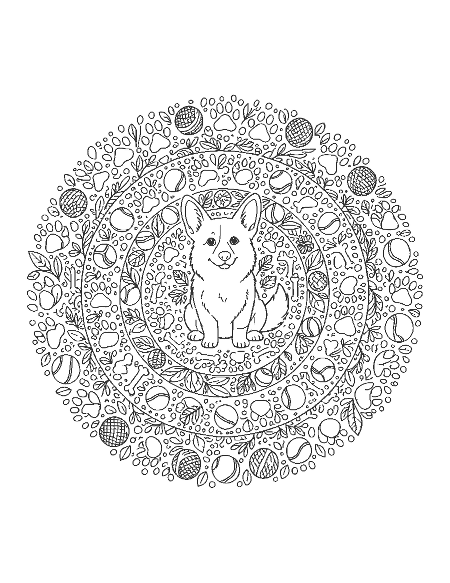 Line drawing of a corgi at the center of a mandala of paw prints, bones and leaves