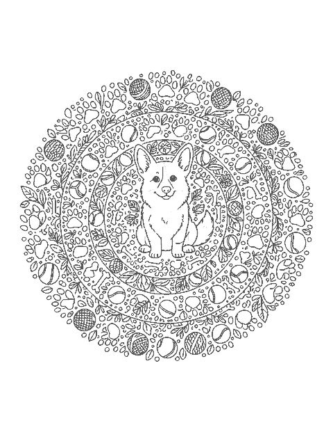 Line drawing of a corgi at the center of a mandala of paw prints, bones and leaves