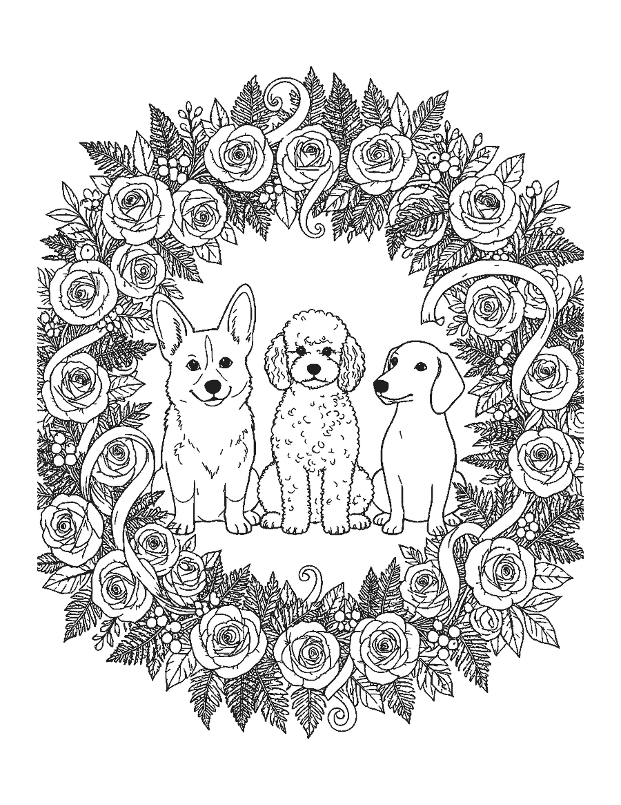 Line drawing of a corgi, a poodle and a dachshund sitting inside an ornamental flower wreath