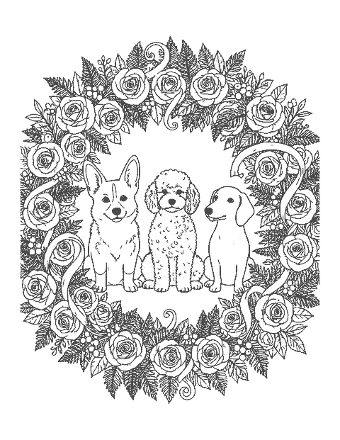 Line drawing of a corgi, a poodle and a dachshund sitting inside an ornamental flower wreath