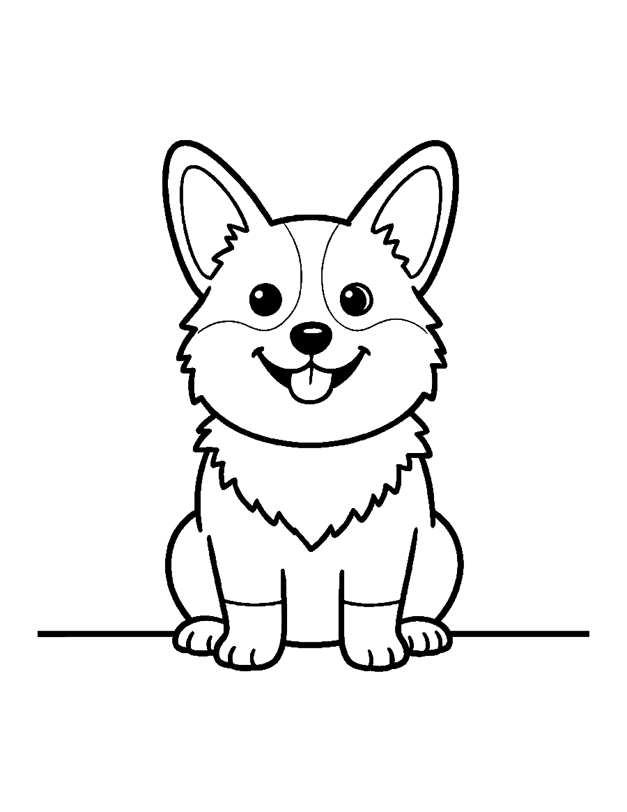 Line drawing of a smiling corgi sitting with big upright ears